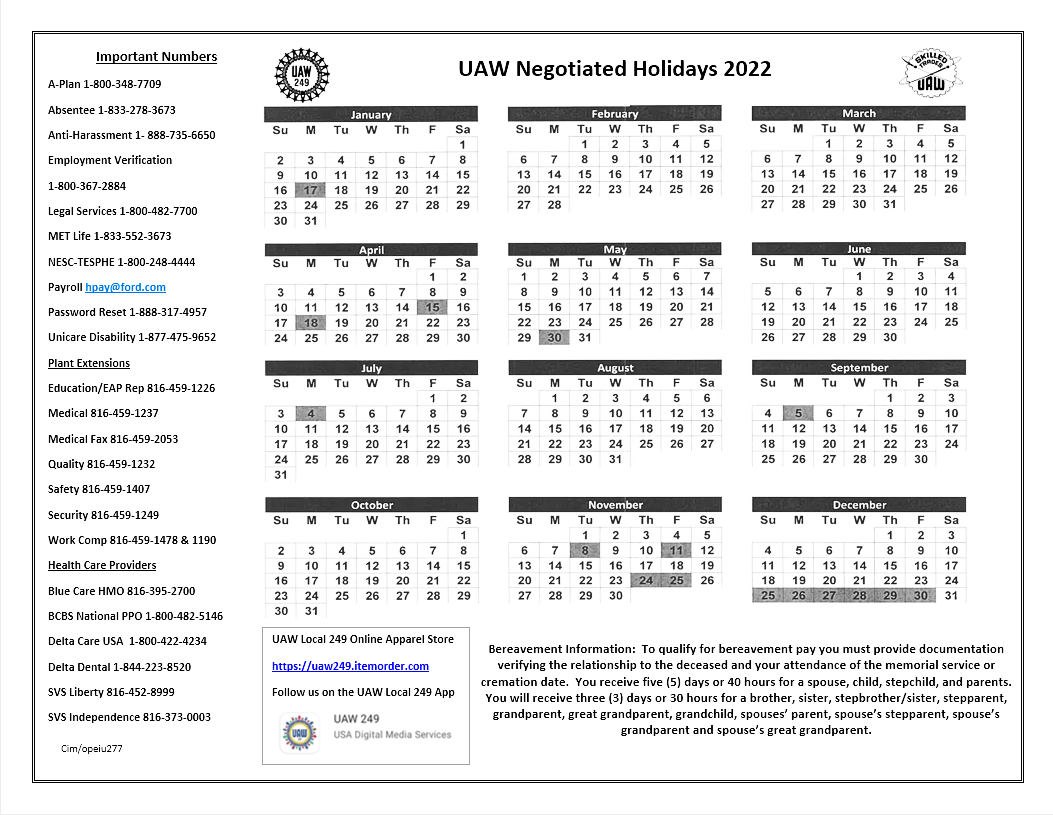 Ford Motor Company Holiday Calendar 2022 Uaw Negotiated Holidays 2022 - Uaw Local 249